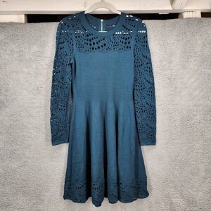 Milly Womens Size Medium Teal Blue Eyelet Knit Fit‎ Flare Dress Long Sleeve